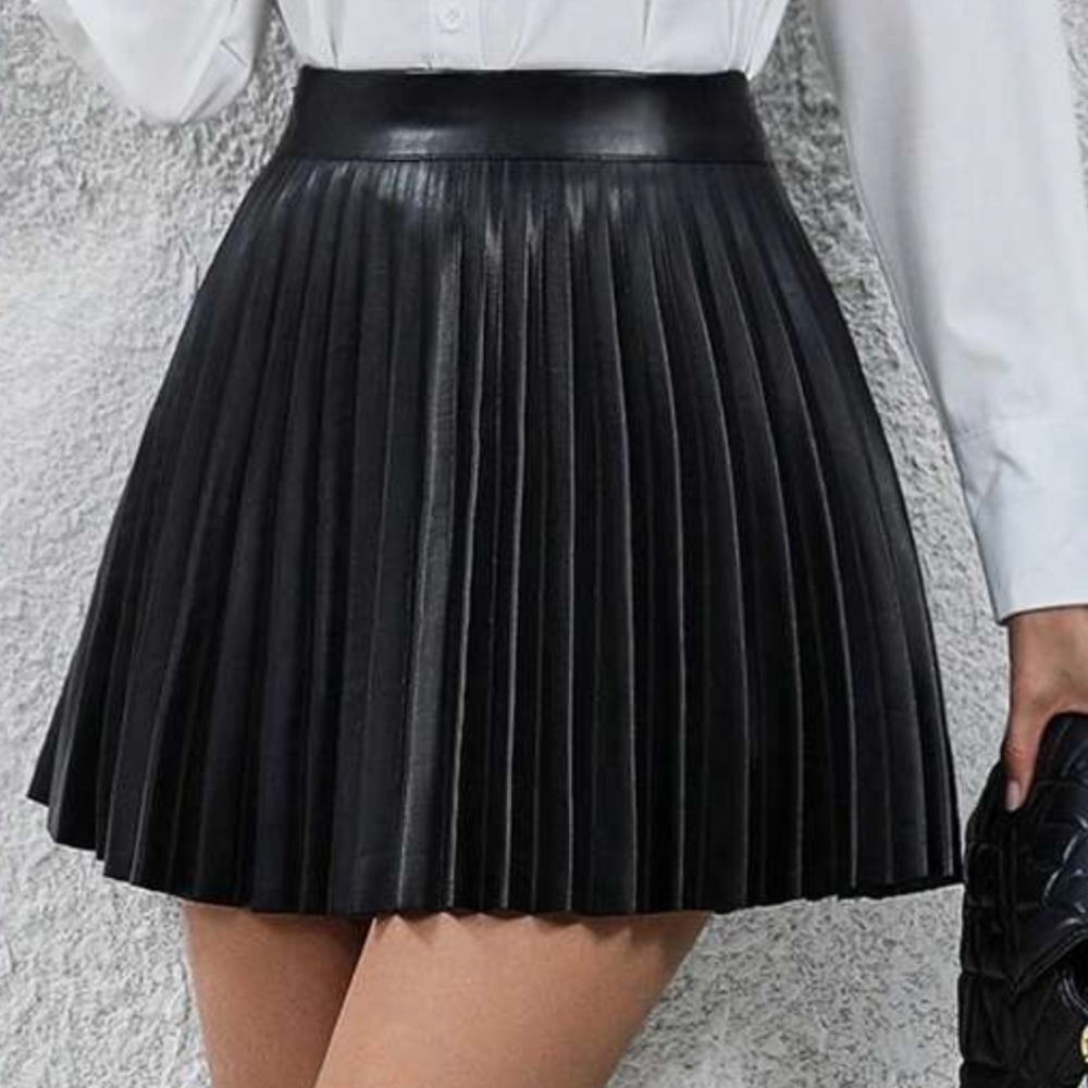 Black Vegan Leather Pleated Mini Skirt